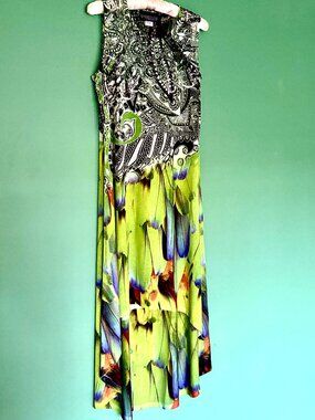 Pyramid Collection Peacock Feather Print Rhinestone Lace Maxi Tunic Dress L